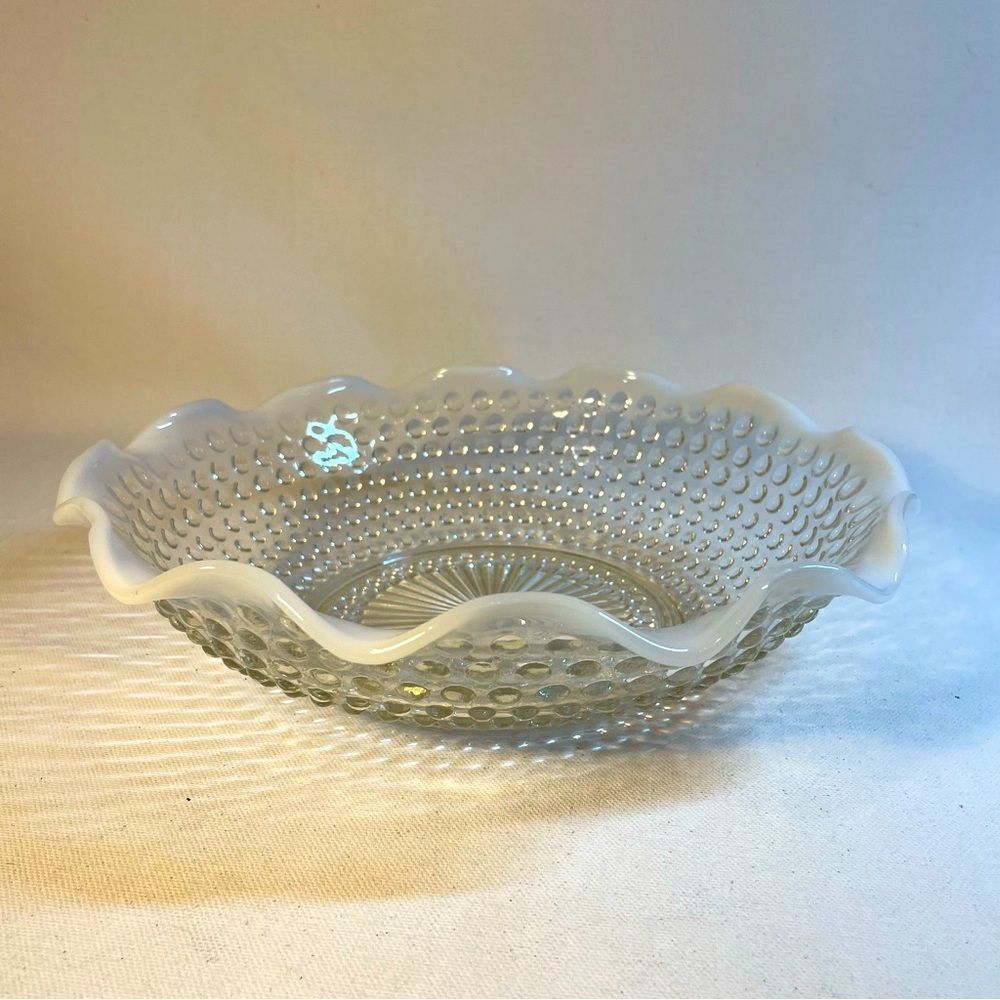 Vintage Fenton Clear Glass Ruffled Edge Opalescent opalite Hobnail 9 “ Bowl